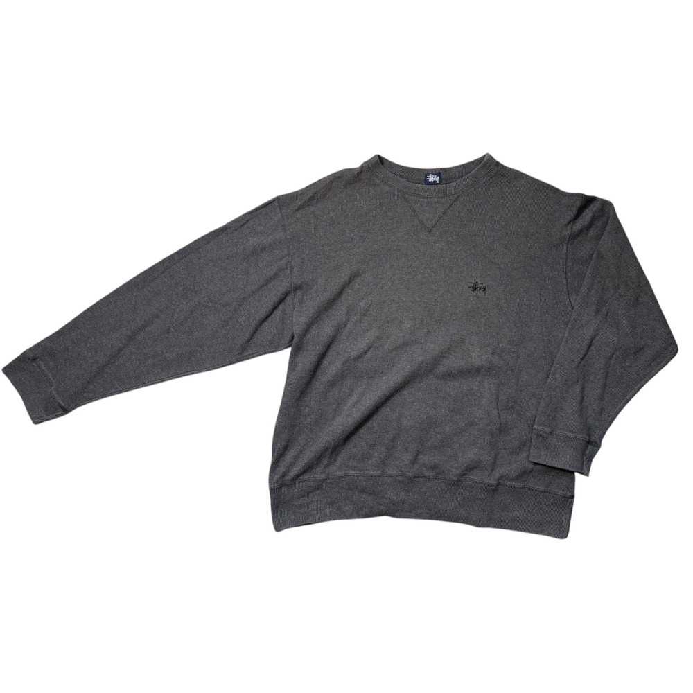Stussy Mens‎ XL Charcoal Grey Thermal Ribbed Crewneck Logo